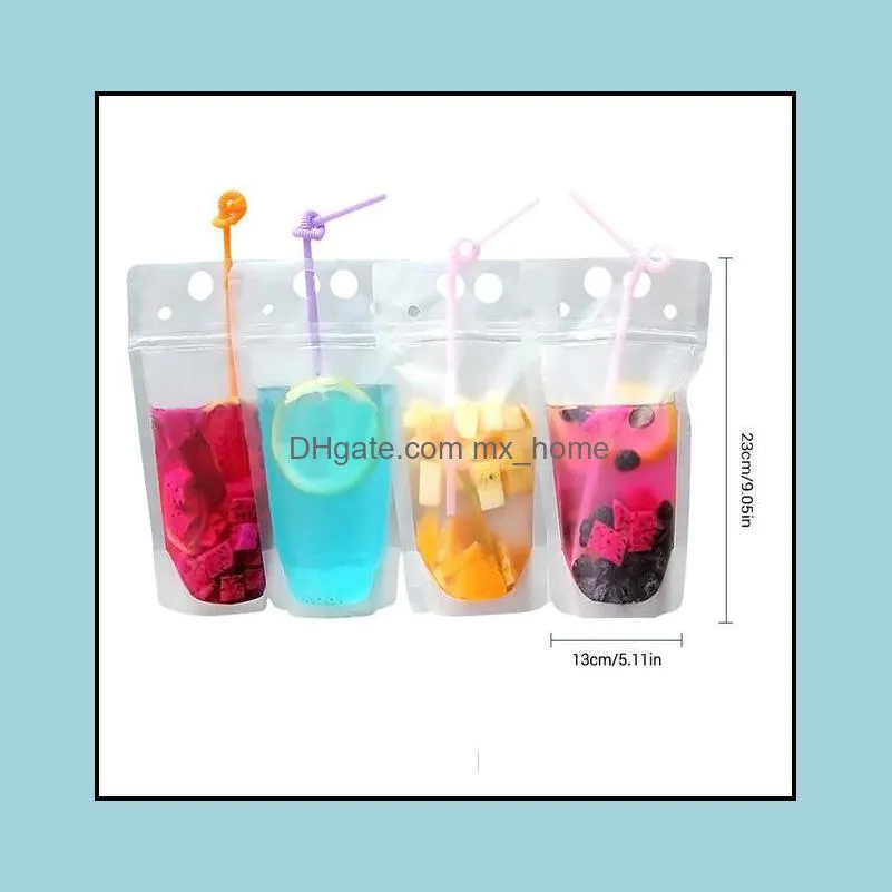 US stock 100pcs Clear Drink Pouches Bags frosted Zipper Stand-up Plastic Drinking Bag with straw with holder Reclosable Heat-Proof