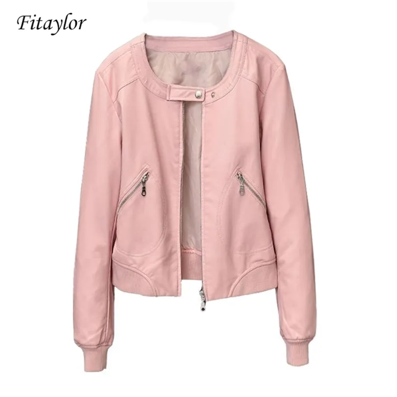 Fitaylor Spring Autumn Faux Leather Jacket Women O-Neck Zipperカジュアルジャケット女性ショートバイカーコートプラスサイズS-4XL Outwear 210908