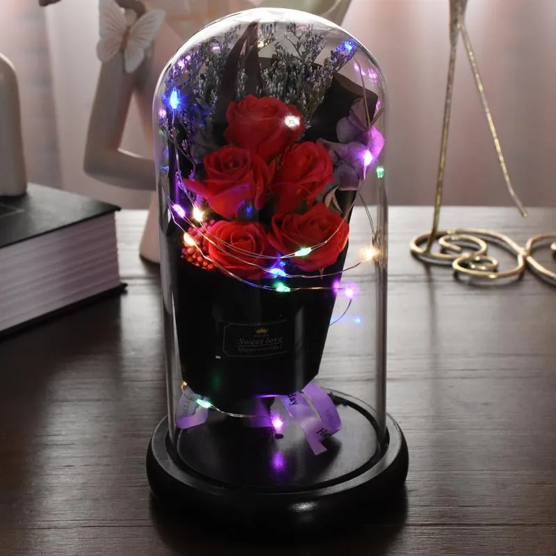 Decorative Flowers & Wreaths Eternal Red Rose With LED Light In Glass Dome For Wedding Party Valentine's Day Mother's Gift Christmas