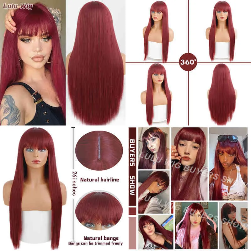 Long Straight Wine Red Wig with Bang Synthetic Wigs for Women Heat Resistant Natural Hair Daily Halloween Cosplay Party 220622