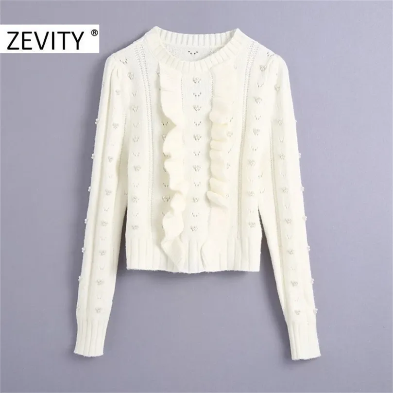 Zevity Women O Neck Agaric Lace Pearl Beading Maglione lavorato a maglia Donna Chic Puff Sleeve Scava fuori Ruffles Pullover Top S446 201225