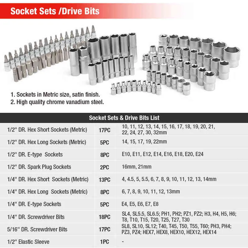 WORKPRO 108 PCS Set di strumenti per strumenti di riparazione auto Set di strumenti meccanici Set di bussole per placcatura opaca Set di chiavi a cricchetto H220510223W