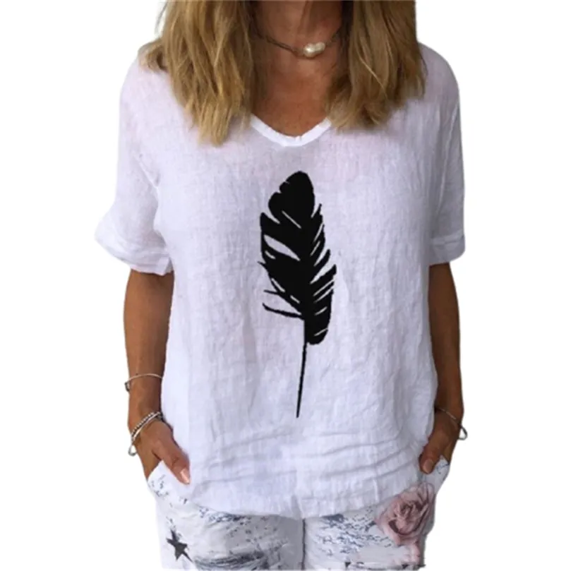 Save Big on Bulk Feather Print T Shirt Fashion Feather Print Cotton And  Hemp White Top Women T Shirt Summer Casual V Neck Short Sleeve Grey Tshirt 