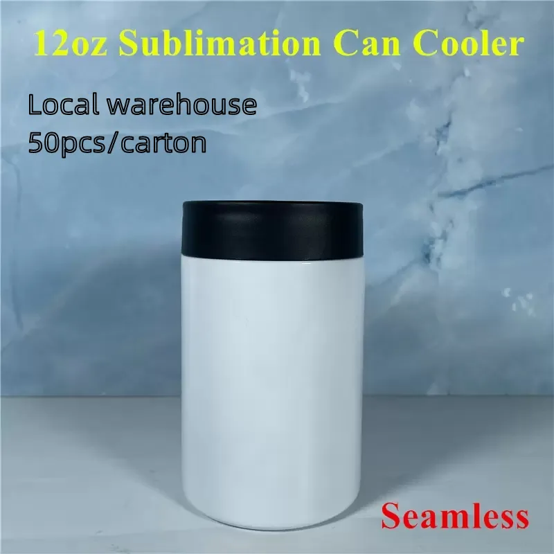 Local Warehouse 12oz Sublimation Can cooler straight tumbler with black Lid Stainless Steel Cola Bottles Double Wall Coffee Mug New Arrival Z11