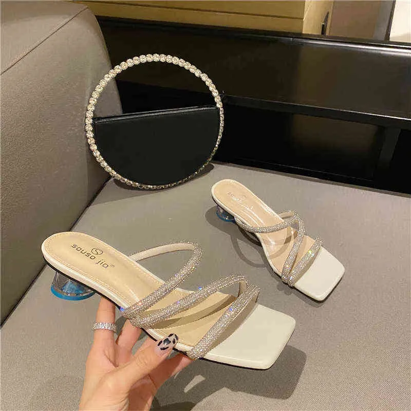 Slippers Rhinestone Narrow Band Women Open Toe Beige White Silver