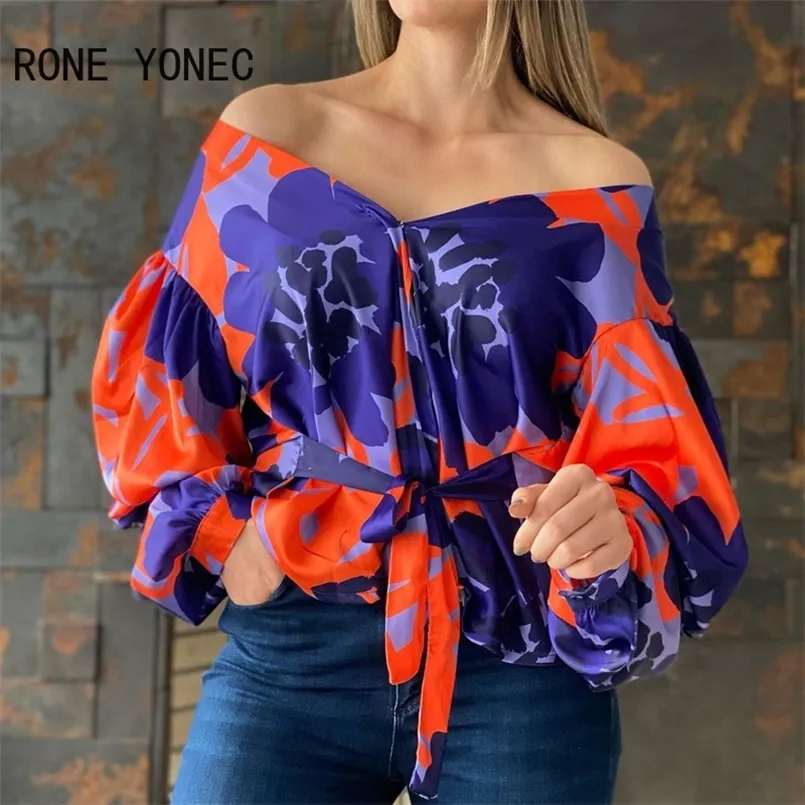Femmes Casual All Over Print Off épaule ceinture Puff Sleeve Sexy Blouse 220407