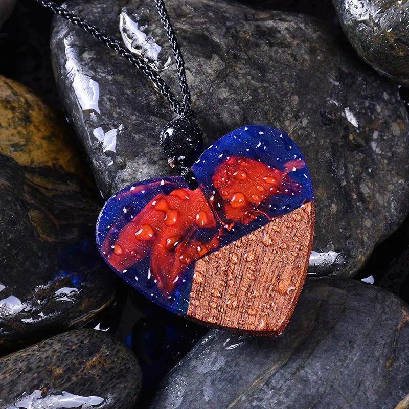 Colares pendentes Coração de coração Oceano Pesacher resina de madeira de madeira charme de camisola artesanal Corrente de jóias étnicas