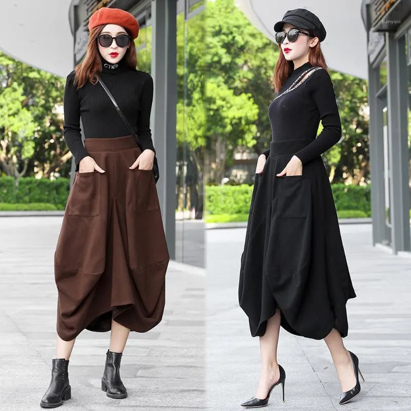 Vinter Kvinnor Lång Woolen Kjol Fashion High Waist Lantern Wool Kjolar Kvinna Oregelbunden Tjock Varm Elastisk A-Line Maxi Z8