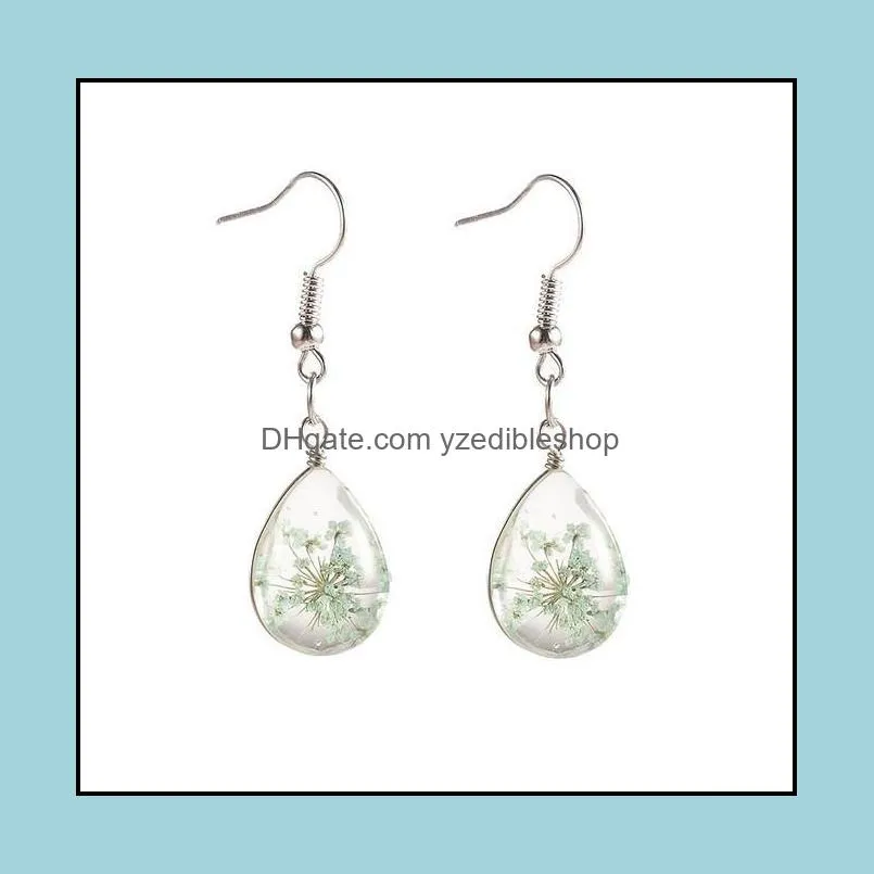 Real Dried Flower Earrings - Fashion Womens Waterdrop Glass Dried Flower Dangle Statement Earrings ( Silver Plated )