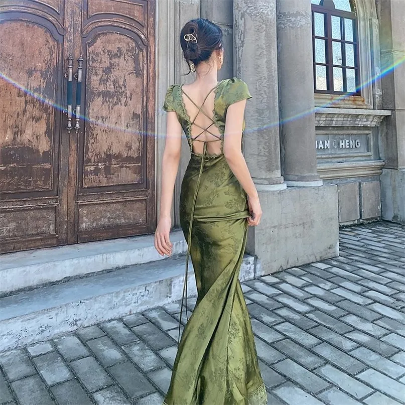 Elegant Green V-Neck Satin Jacquard Dres's Backless Sexy Maxi Dress Summer Ladies Robe Vintage Vestidos Female Clothing 220509