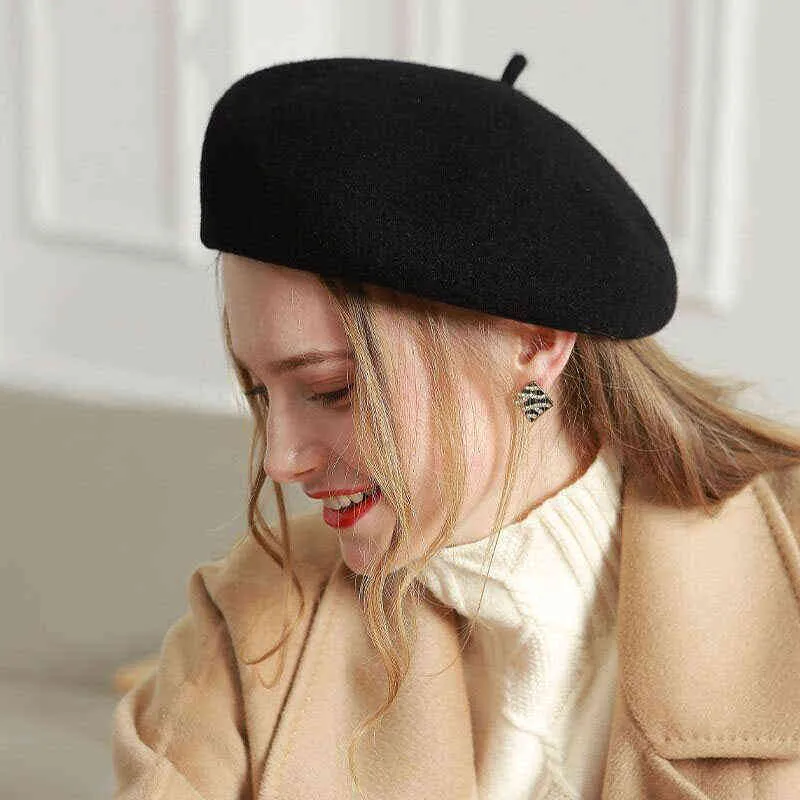 XTHREE Autumn Beret Hat For Winter Hat For Girl Wool Beret Solid Fashion Lady Fall Vintage Flat Beret Cap J220722