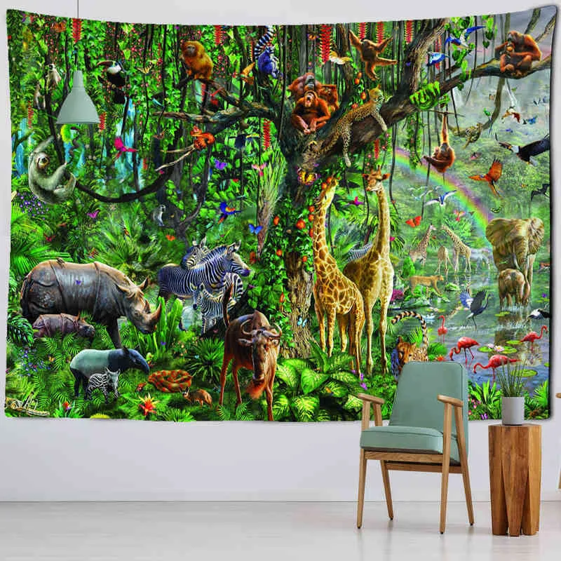 Jungle Safari Wall Tapestry Natural Landscape Animal Print Carpet With