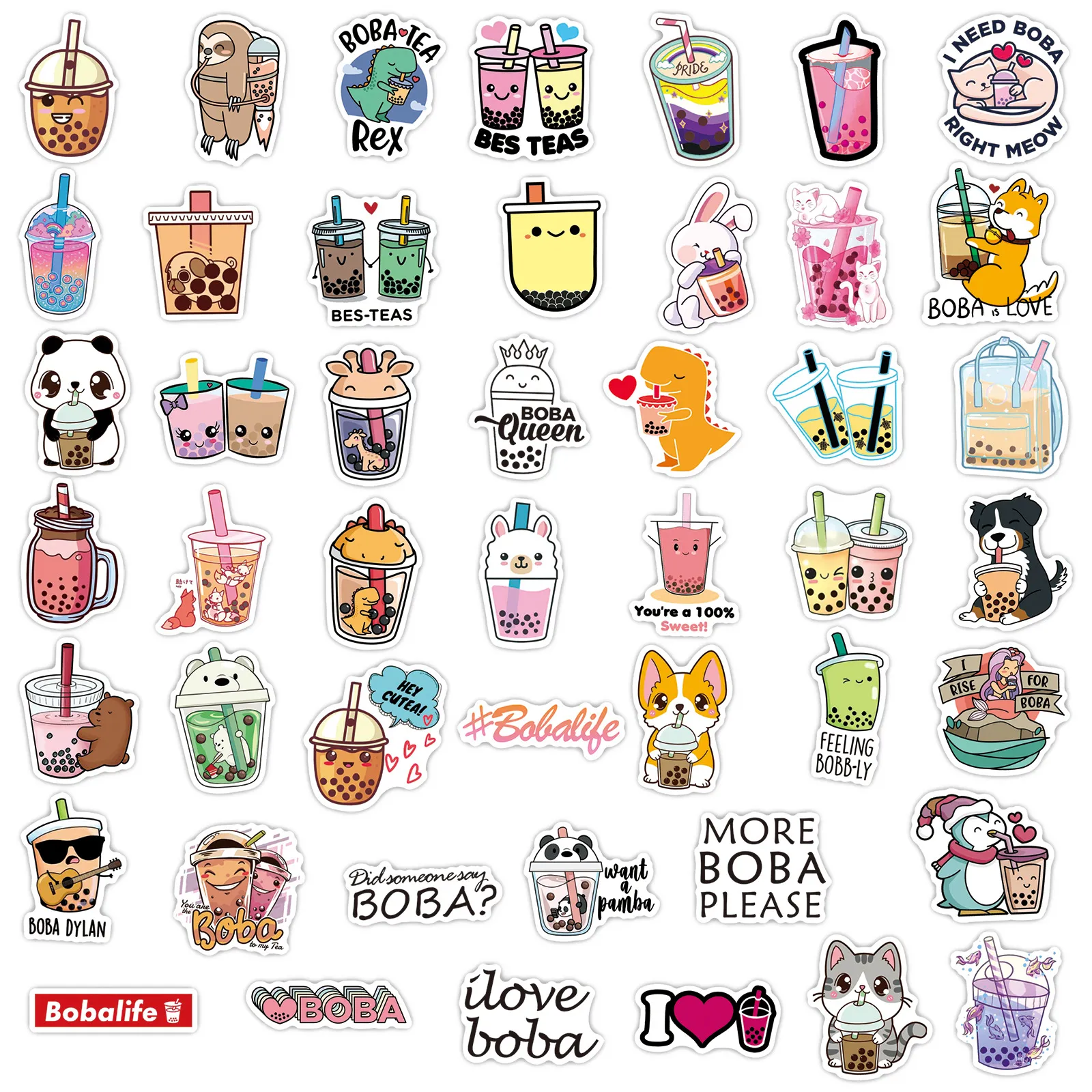 50 Cute Cartoon Pearl Milk Tea Aesthetic Stickers For Journal Pack