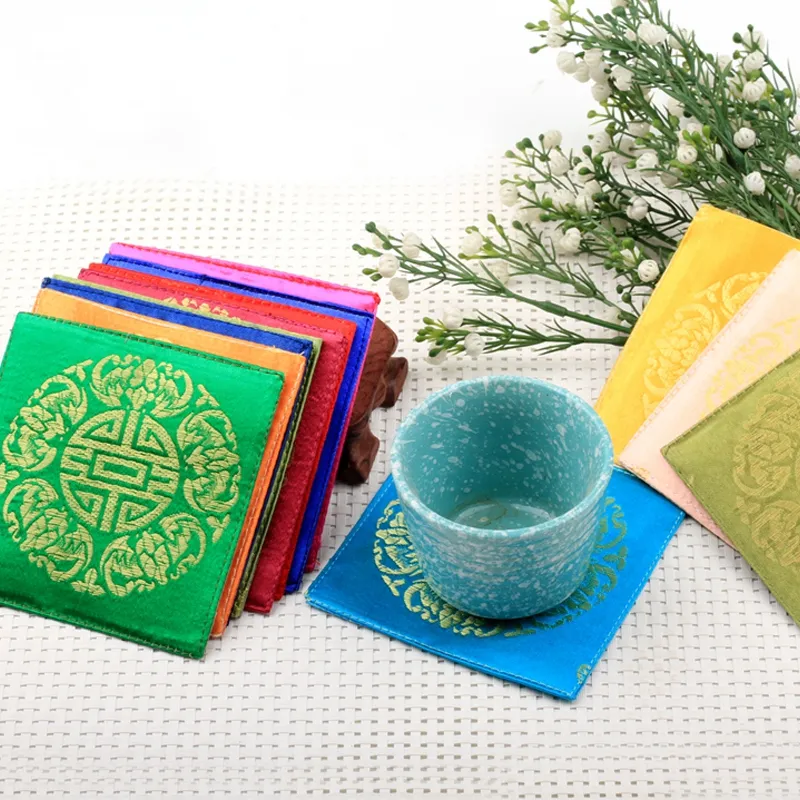 Square Chinese Silk Brocade Tea Coaster Sets Vintage 4pcs Coffee Cup Pad Dining Table Decoration Mats Small Placemats