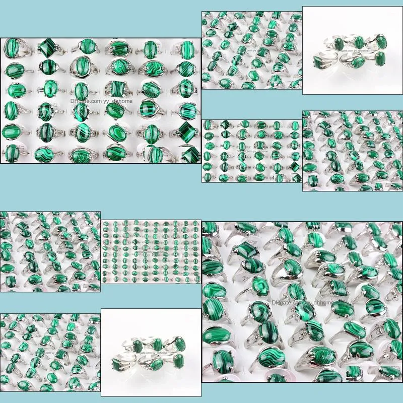 wholesale bulk 36pcs rings band mix style green malachite gem stone tibet silver plated finger ring women men wedding