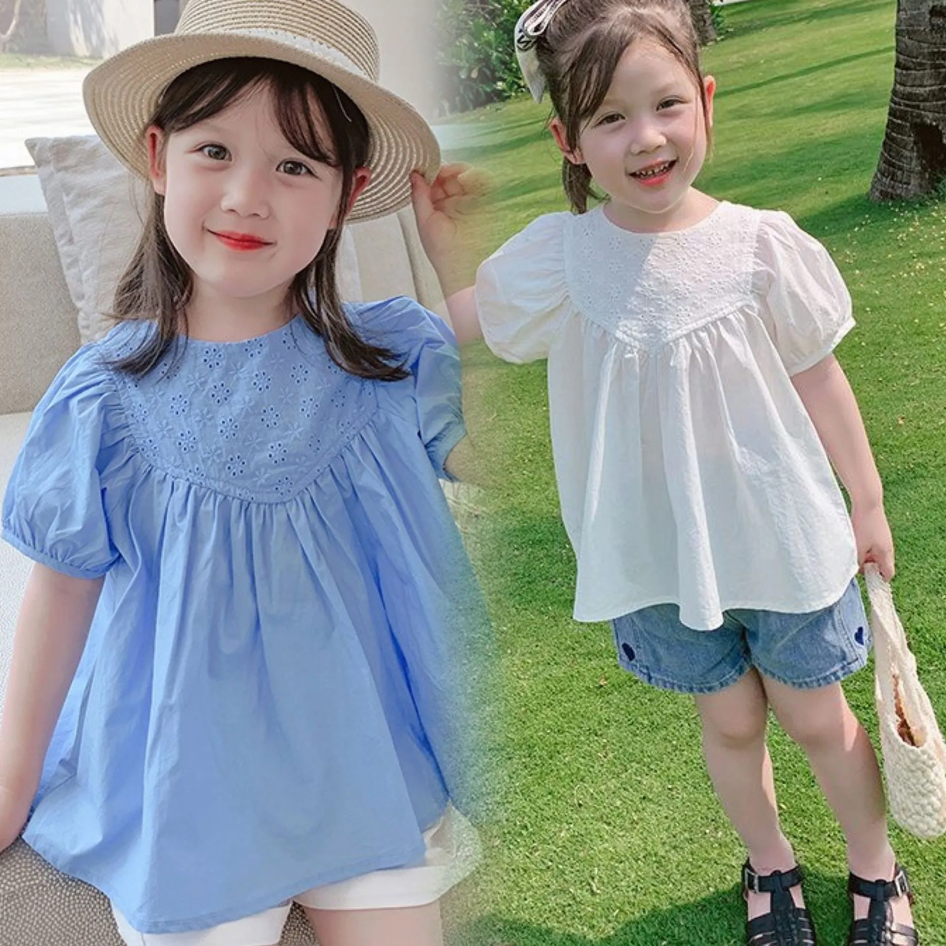 15944 Sweet Baby Girls Cotton Blus Shirts Kids Puff Short Sleeve Tops Tee Children Princess Casual Shirt