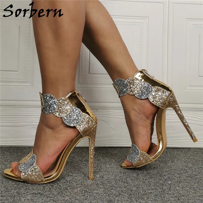 Sorbern Gold Sequins Women Sandals Wide Ankle Straps Summer Shoes Stilettos Blingbling Party Footwear