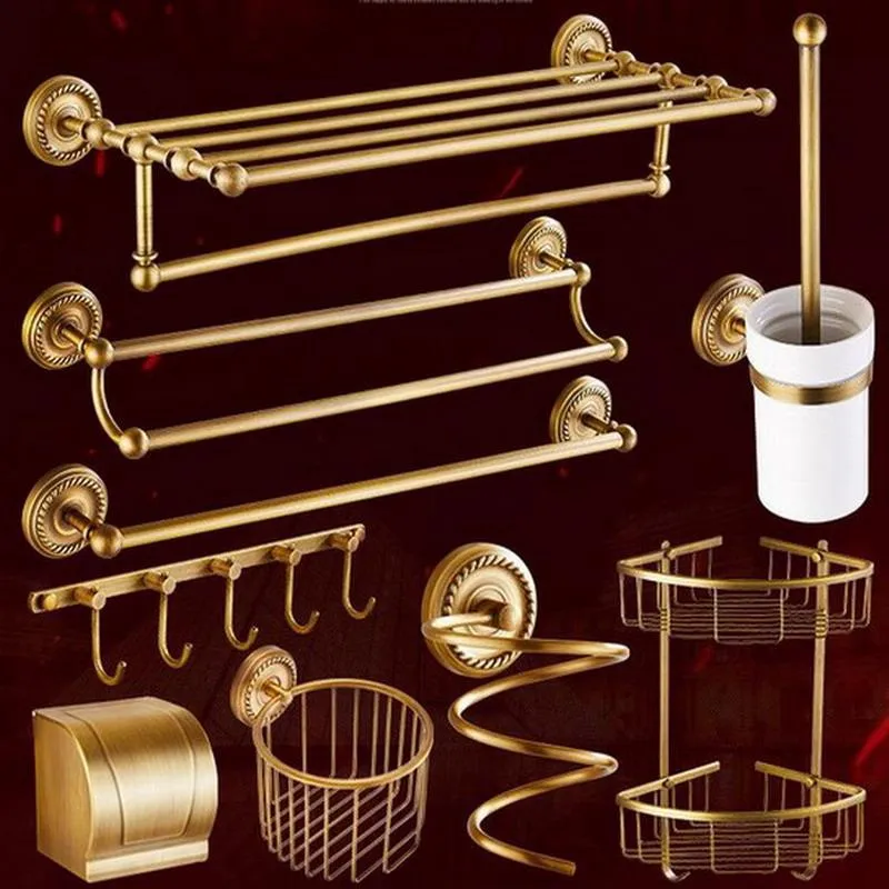 Bath Accessory Set Antique Brass Bathroom Hardware Towel Shelf Bar Paper Holder Cloth Hook Wall Mounted Kxz005Bath