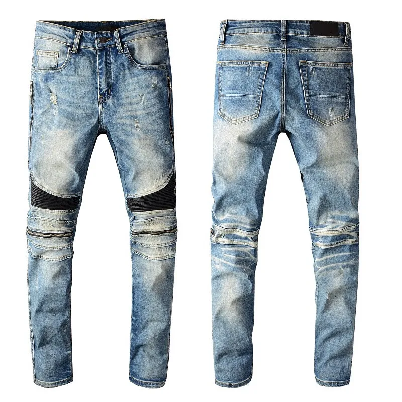 Blaue Jeans für Herren, Designer-Rip-Knie-Reißverschluss, schmal, lang, dehnbar, Slim-Fit, Biker-Distress-Denim, gerades Bein, klassisch, Hip-Hop-Jogginghose, einfarbig, trendige Hose, schwarzer Aufnäher