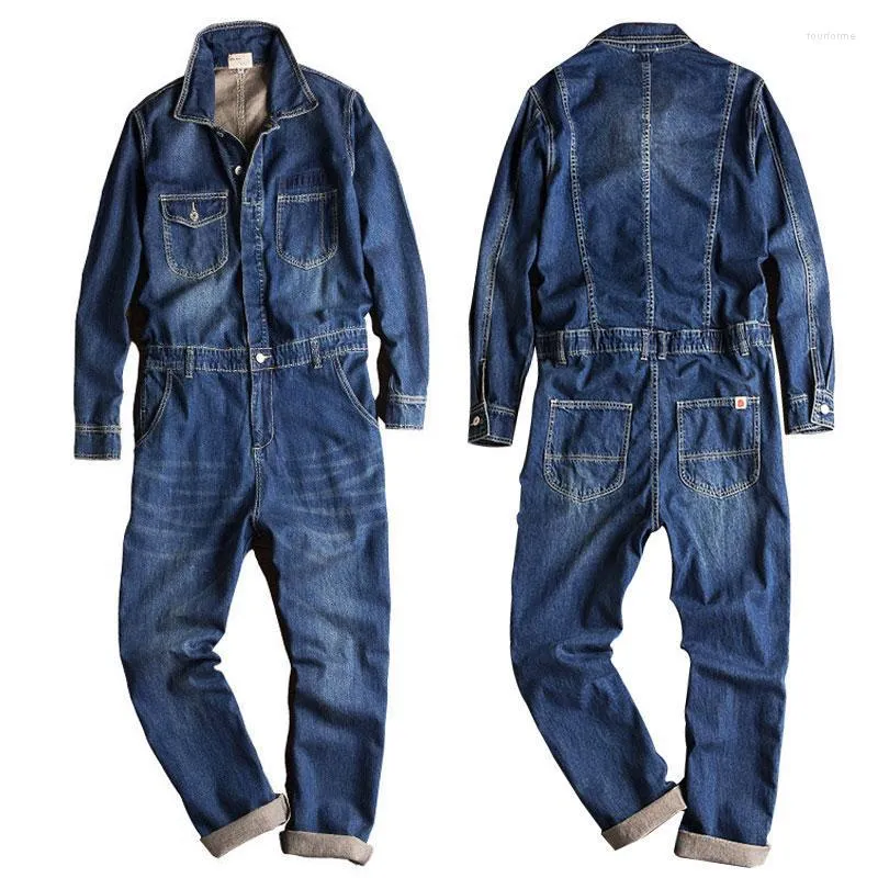 Men's Jeans Spring And Autumn Overalls Men's Denim Jumpsuits Long Sleeve Lapel Loose Blue Cargo Pants Fashion Workwear TrousersMen's