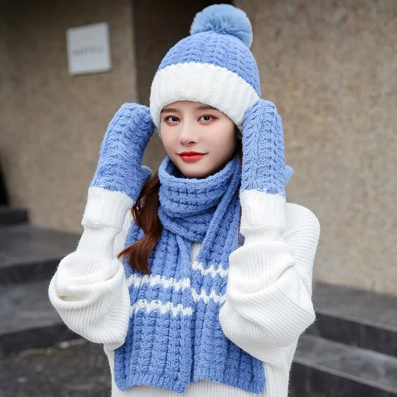 Beralar Moda Sonbahar Kış Sıcak Yün Örme Şapka Eşarp Eldivenleri Kadınlar için Set Kadın Güzel Mavi Turuncu Siyah Gorros Invierno Mujer