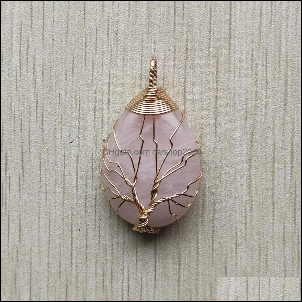 gold color pink rose quartz wire wrap handmade tree of life charms natural stone pendants diy necklace jewelry making