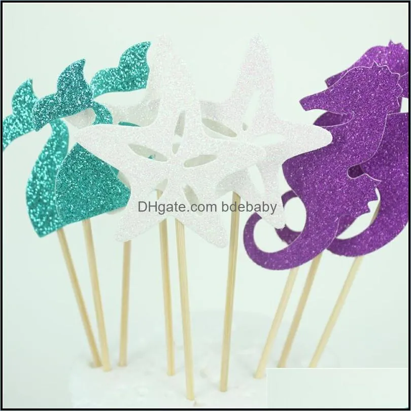 Birthday Cake Flag Seahorse Mermaid Starfish Card Insertion Party Decoration Paper Creative White Purple Green Hot Sales Fashion 5ghC1