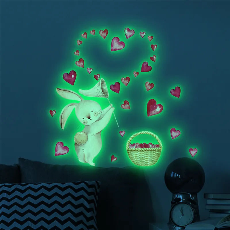 Cartoon Konijn Hart Lichtgevende Stickers Glow In The Dark Muurstickers voor Kinderkamers Slaapkamer Woondecoratie Fluorescerende Stickers