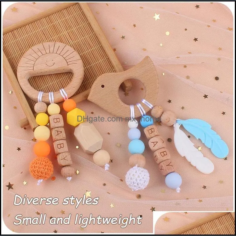 baby teethers toys natural wooden silicone teething beads teether newborn teeth practice food grade soother infant feeding cartoon animals kids chew toy