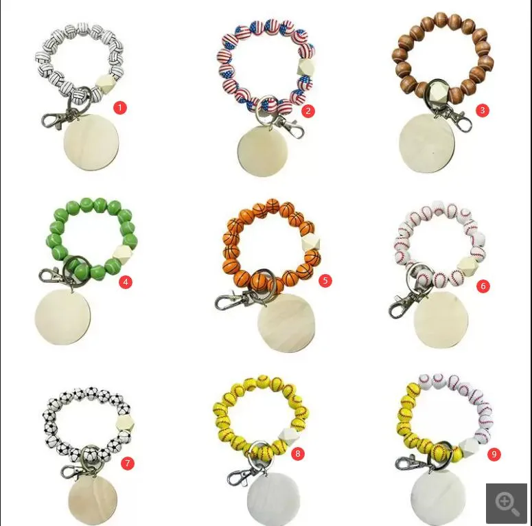 Titane Sport Accessoires DIY Bracelet perles Porte-clés Pendentif Party Favor Sports Ball Football Baseball Basketball Perle En Bois Bracelet 9 Couleurs