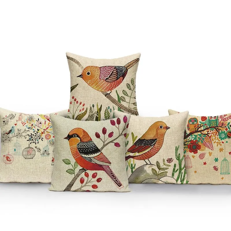 Coussin/Oreiller décoratif Housses de canapé de haute qualité Aquarelle Birdcage Bird Print Housse de coussin Home Office Lit Décoration Taie d'oreillerCushion