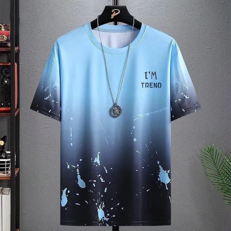 Herr t-shirts sommaris silk kort ärm t-shirt herr trend mode stor storlek ins avslappnad lös gradient skjorta män dropmen's