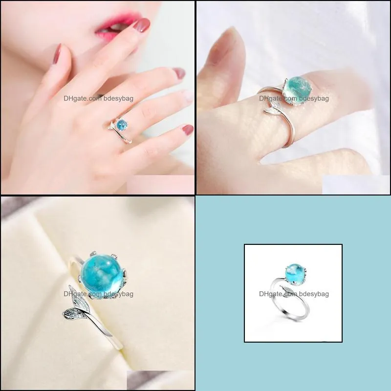 wedding rings bohemia bule cubic zircon open crystal mermaid bubble for women girl gift statement jewelry adjustable finger ring