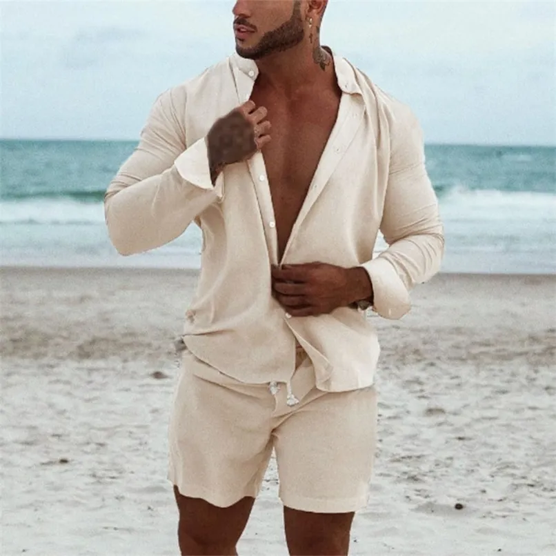 Hommes hawaïen ensembles plage été à manches longues col montant chemise conseil Shorts 2 pièces Streetwear coton lin 220617