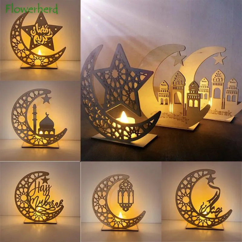 غلاف هدية القمر الخشبي النجمة الخماسي الحرف LED رمضان عيد مبارك المنزل ديكور الزينة