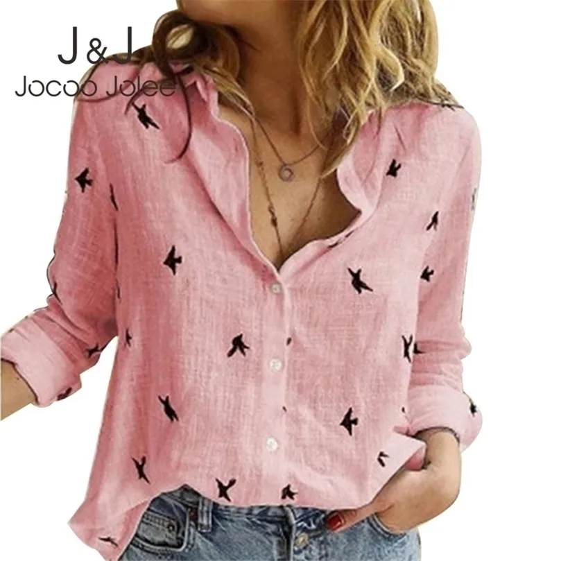 Jocoo Jolee Camicetta da donna in cotone e lino Primavera Estate Manica lunga Uccelli Stampa Camicie larghe Vintage Streetwear Top Tunica S-5XL 210326
