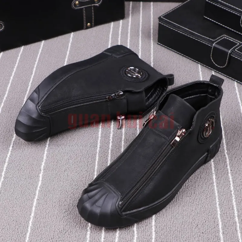 Versão de zíper duplo novo coreano A tendência de botas curtas Cabeça plana Cabeça casual Sapatos de moda masculinos Zapatos Hombre B3 913