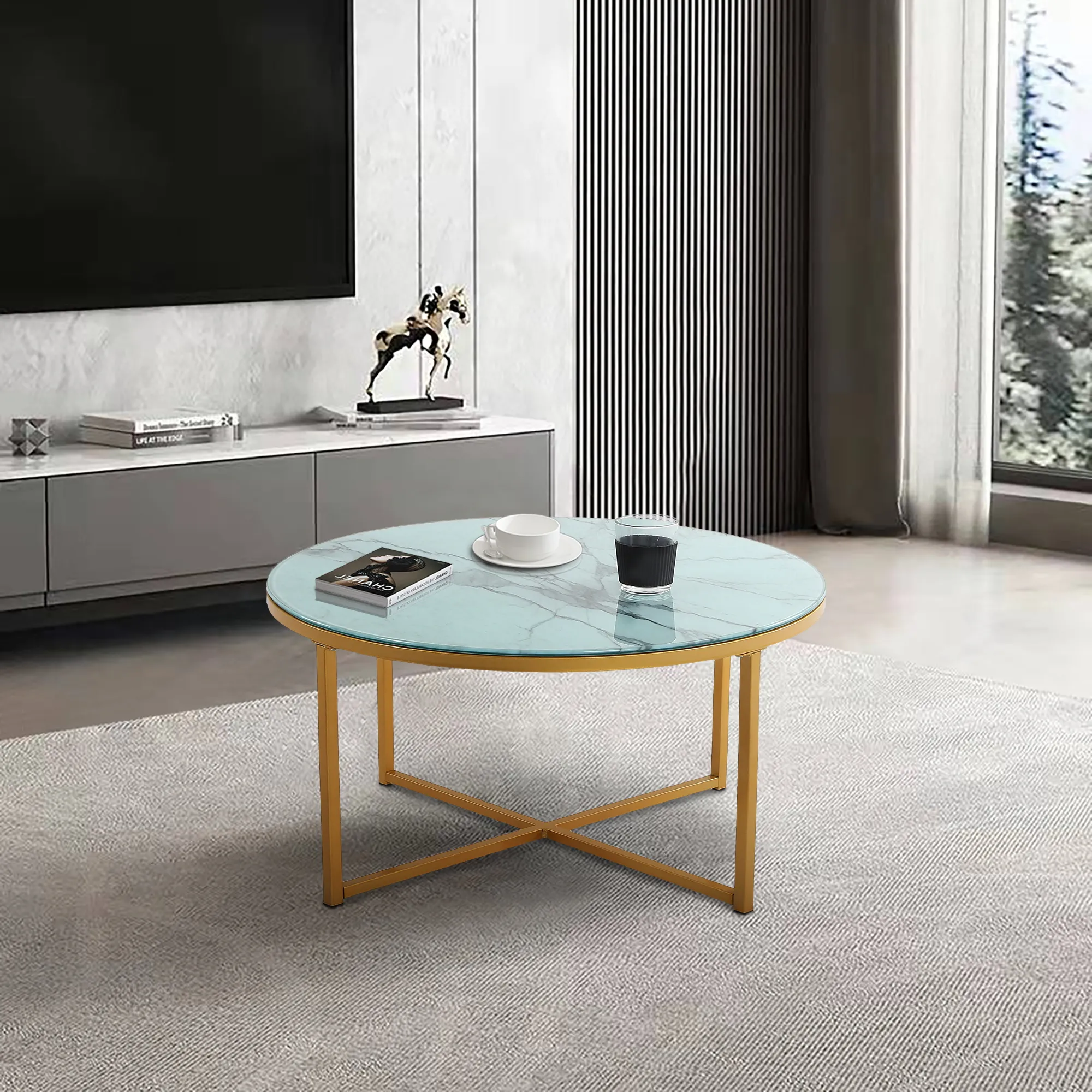 Home Furniture Cross Legs Glass Coffee Table With Metal Base Marble