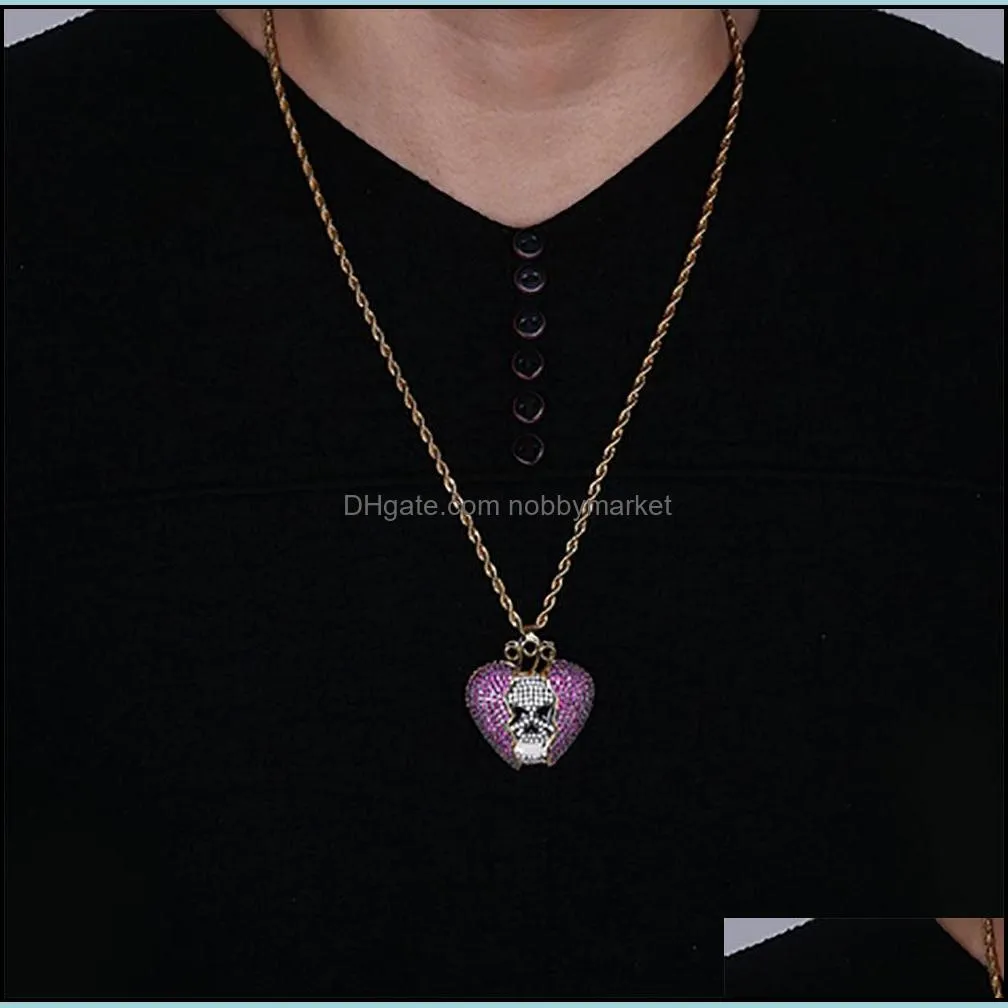 14K Iced Out Skull Skeleton Purple Heart Juice Wrld Pendant Necklace Micro Pave Cubic Zircon Hiphop Fashion Jewelry