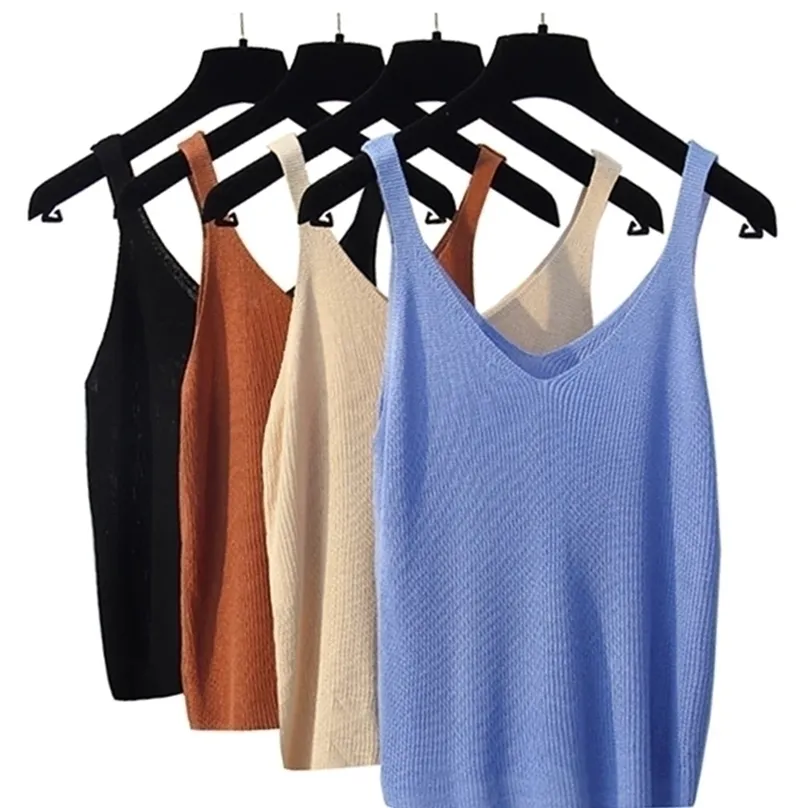 Super Mjukt bomull Stickade Tank Toppar Kvinnor Sommar Camisole Vest Simple Loose Ladies V Neck Sexig Strappy Tee A-008 220318