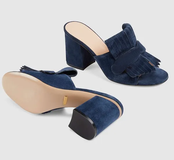 Mode-Frauen Wildleder Mid-Heel-Pump-Sandalen-Plattform-Sandalen-Designer-Schuhe Marmont-Sandalen mit Falten über Fransen