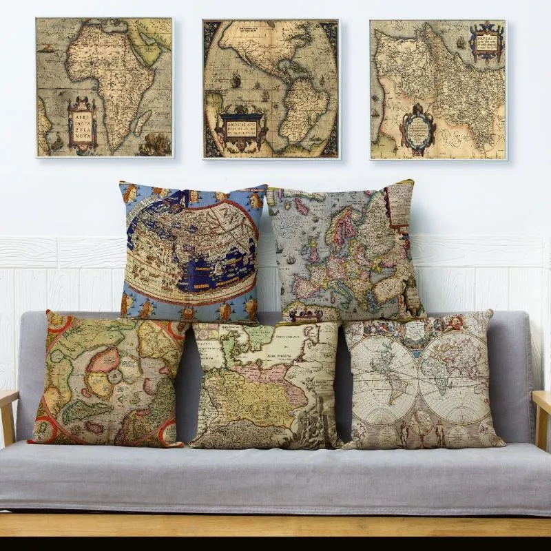 Almofada/travesseiro decorativo vintage mapa antigo tampa de almofada de impressão 45 tampas quadradas de linho bege safras de lanchonetes sofá decoração de casa travesseiro