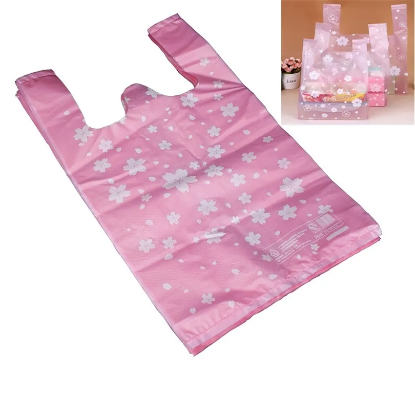 100 pz/lotto Supermercato Shopping sacchetti di plastica Rosa Cherry Blossom Vest Regalo Sacchetti cosmetici Sacchetto di imballaggio alimentare Sacchetto di caramelle 220427