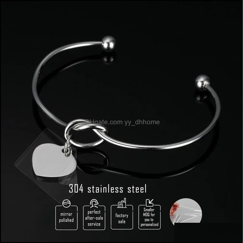 New Stainless Steel Knot Bracelets Bangles High Polished Heart Charm Bracelet Love Bangles Can Engrave Name DIY Jewelry for Women