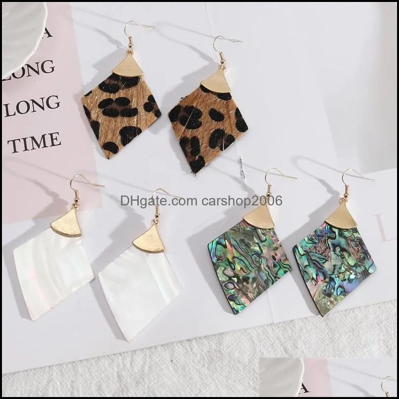 Charm Rautenform Abalone Muschel Papier Leopard Leder Charms Ohrringe Goldfarbe Brincos Pendientes Modemarke Juwel Carshop2006 Dh5Qo