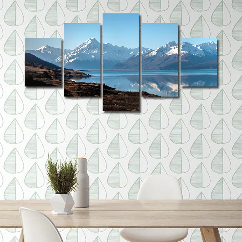 Modern Canvas vardagsrum Bilder Målning Väggkonstverk 5 Panel Snow Mountain Plateau Lake HD Tryckt Modulär affisch