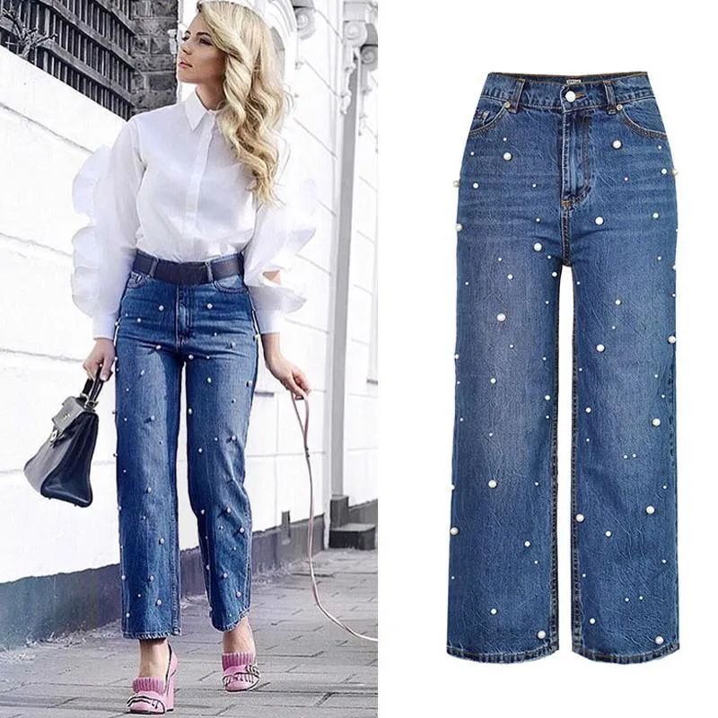 Kvinnors jeans kvinnor hög midja pärla pärlor bred ben rak denim byxor pantalon femmewomen's