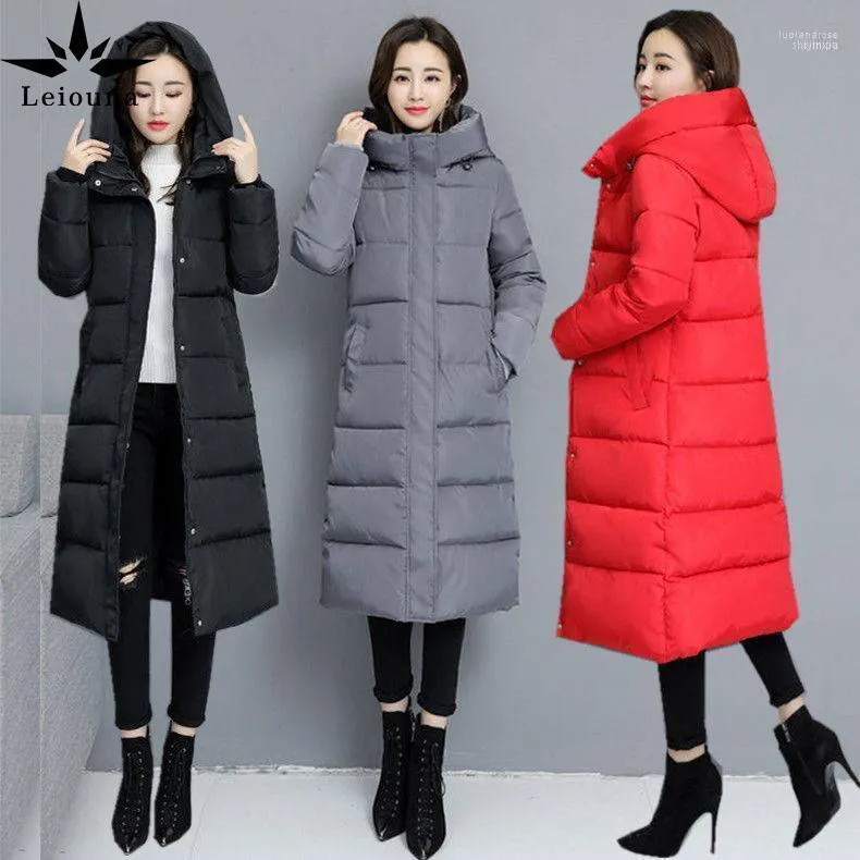 Kadınlar Down Parkas Leiouna Uzun İnce Katı Kalın Ofis Lady 2022 Fahsion Kış Pamuklu Yastıklı Ceket Orta Koreli Versiyon Luci22