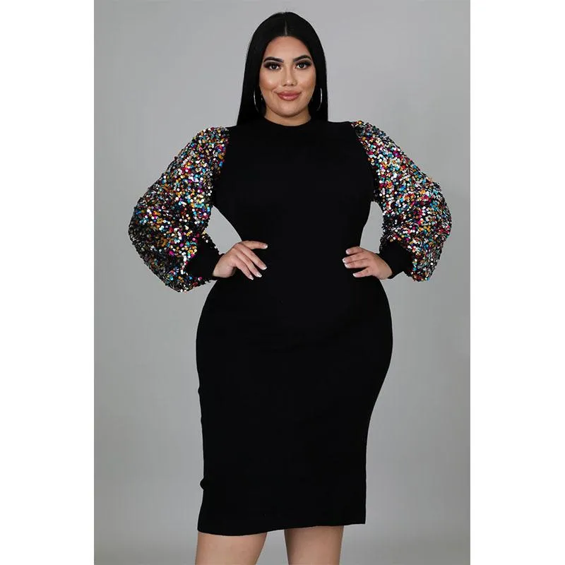 Sukienki plus size seksowne stałe kolorowe cekinowe puchanie rękawie gruba dama sukienka okrągła szyja ubrania dla kobiet swobodna spódnica 5xl