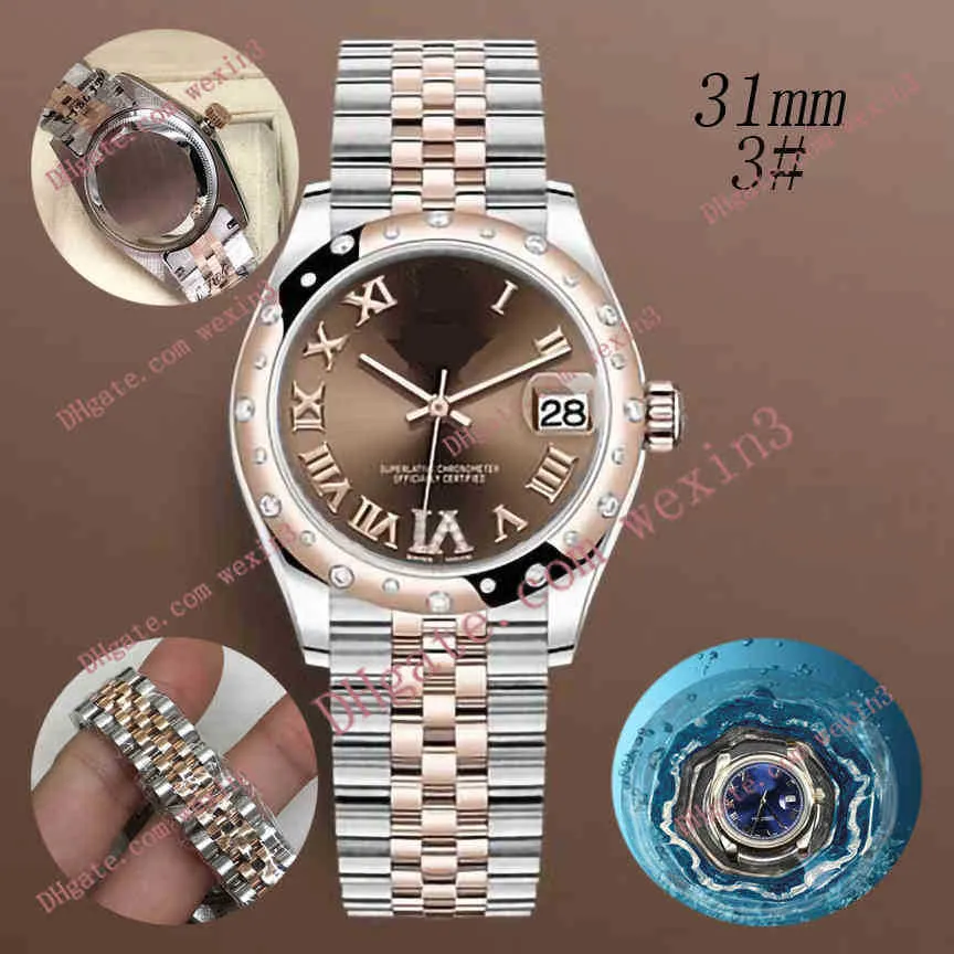 Mulher Diamond Watch Ladies Watches Gold 31mm Seis Relógio é Numerais Romanos Jubileu Pulseira Band Montre de Luxe 2813 Aço Automático Natação Superva-relógios de Relógios À Prova D 'Água